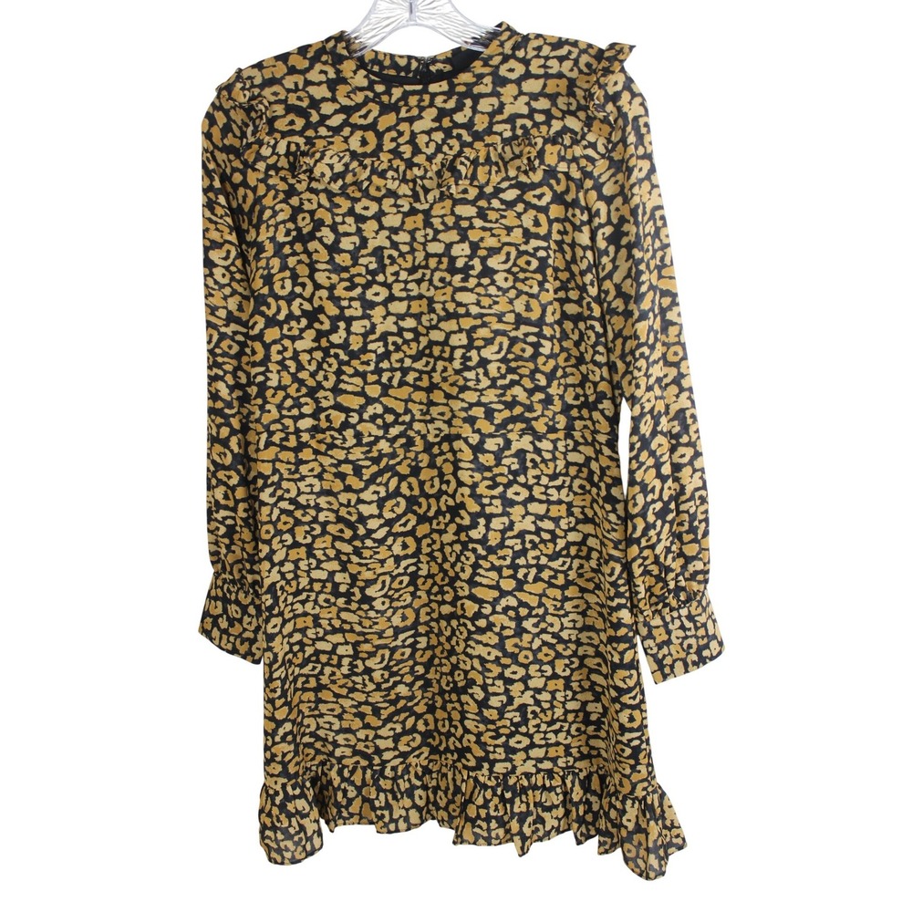 WHO WHAT WEAR Womens XS Watercolor Cheetah Print Ruffle Dress Long Sleeve